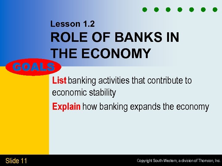 Lesson 1. 2 ROLE OF BANKS IN THE ECONOMY GOALS List banking activities that