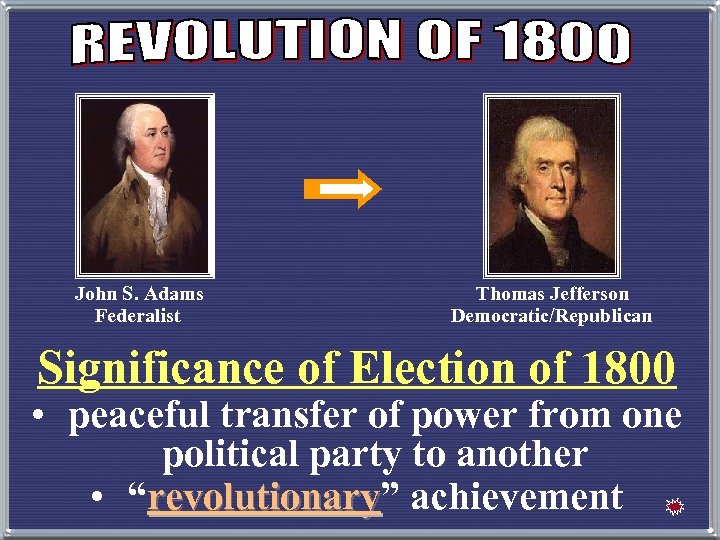 John S. Adams Federalist Thomas Jefferson Democratic/Republican Significance of Election of 1800 • peaceful