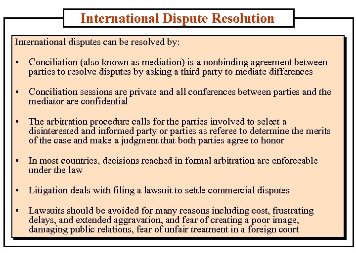 International Dispute Resolution International disputes can be resolved by: • Conciliation (also known as