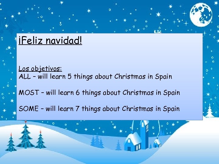 ¡Feliz navidad! Los objetivos: ALL – will learn 5 things about Christmas in Spain