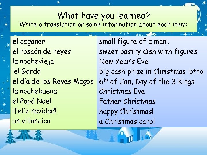 What have you learned? Write a translation or some information about each item: el