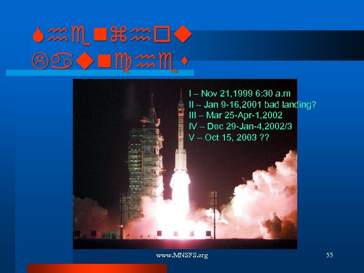 Shenzhou Launches I – Nov 21, 1999 6: 30 a. m II – Jan