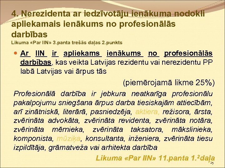 4. Nerezidenta ar iedzīvotāju ienākuma nodokli apliekamais ienākums no profesionālās darbības Likuma «Par IIN»