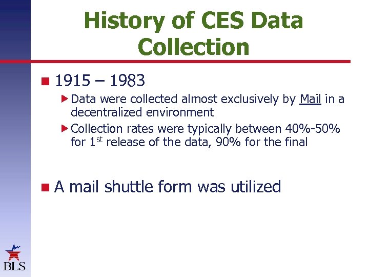 History of CES Data Collection 1915 – 1983 Data were collected almost exclusively by