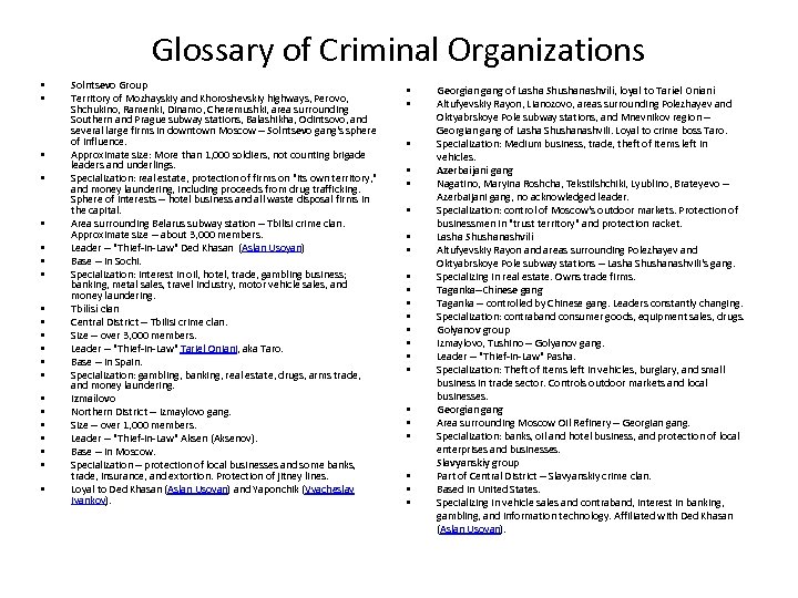 Glossary of Criminal Organizations • • • • • • Solntsevo Group Territory of