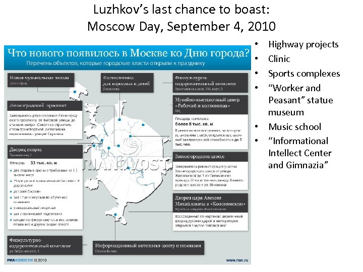 Luzhkov’s last chance to boast: Moscow Day, September 4, 2010 Highway projects Clinic Sports