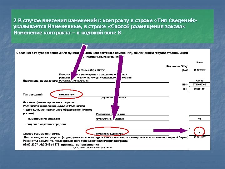 2 В случае внесения изменений к контракту в строке «Тип Сведений» указывается Измененные, в