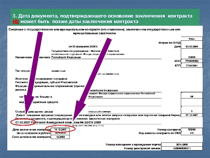 3. Дата документа, подтверждающего основание заключения контракта НЕ может быть позже даты заключения контракта