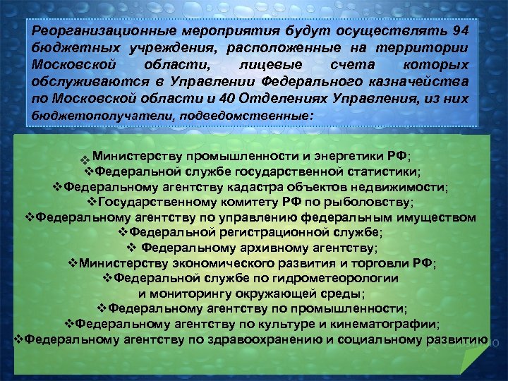 Реорганизационные мероприятия будут осуществлять 94 бюджетных учреждения, расположенные на территории Московской области, лицевые счета