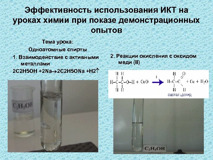 Эффективность использования ИКТ на уроках химии при показе демонстрационных опытов Тема урока: Одноатомные спирты