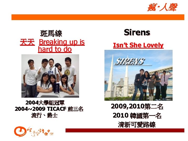 瘋‧人聲 斑馬線 天天 Breaking up is hard to do 2004大學組冠軍 2004~2009 TICACF 前三名 流行、爵士