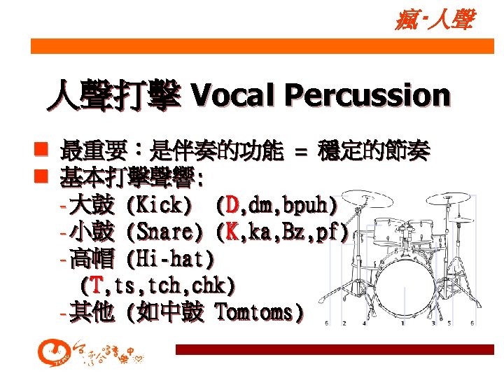 瘋‧人聲 人聲打擊 Vocal Percussion n 最重要：是伴奏的功能 = 穩定的節奏 n 基本打擊聲響: - 大鼓 (Kick) (D,
