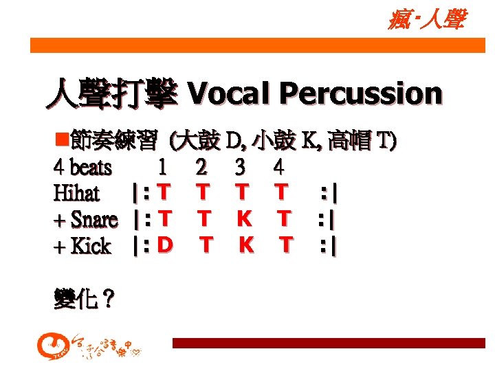 瘋‧人聲 人聲打擊 Vocal Percussion n節奏練習 (大鼓 D, 小鼓 K, 高帽 T) 4 beats 1