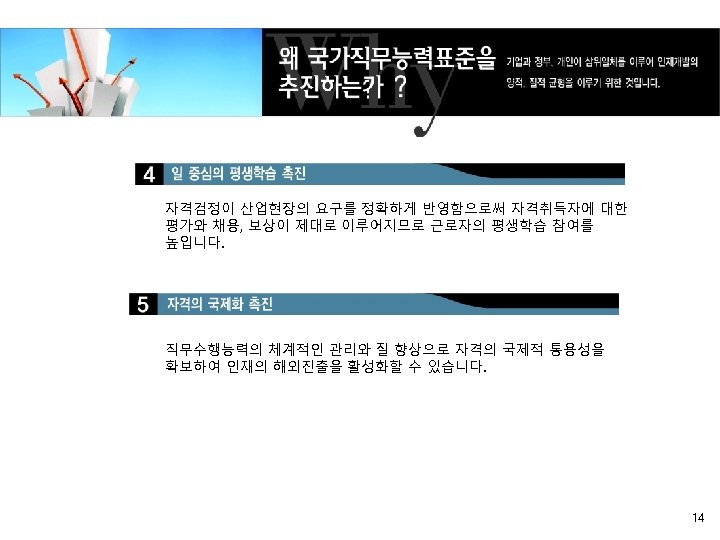 자격검정이 산업현장의 요구를 정확하게 반영함으로써 자격취득자에 대한 평가와 채용, 보상이 제대로 이루어지므로 근로자의 평생학습