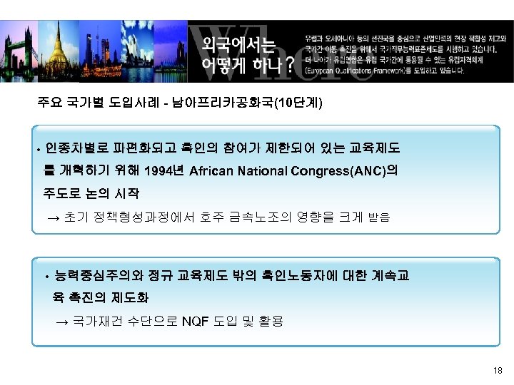 주요 국가별 도입사례 - 남아프리카공화국(10단계) • 인종차별로 파편화되고 흑인의 참여가 제한되어 있는 교육제도 를