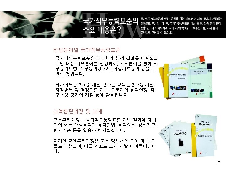 산업분야별 국가직무능력표준은 직무체계 분석 결과를 바탕으로 개발 대상 직무분야를 선정하여, 직무분석을 통해 직 무능력모형,