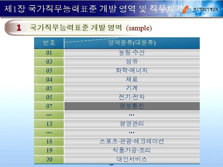 제 1장 국가직무능력표준 개발 영역 및 직무체계 1 국가직무능력표준 개발 영역 (sample) 번호 영역분류(대분류)