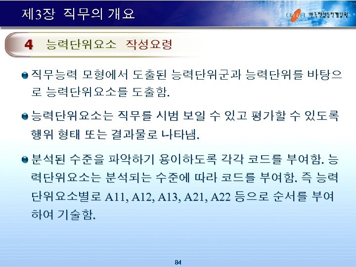 제 3장 직무의 개요 4 능력단위요소 작성요령 직무능력 모형에서 도출된 능력단위군과 능력단위를 바탕으 로