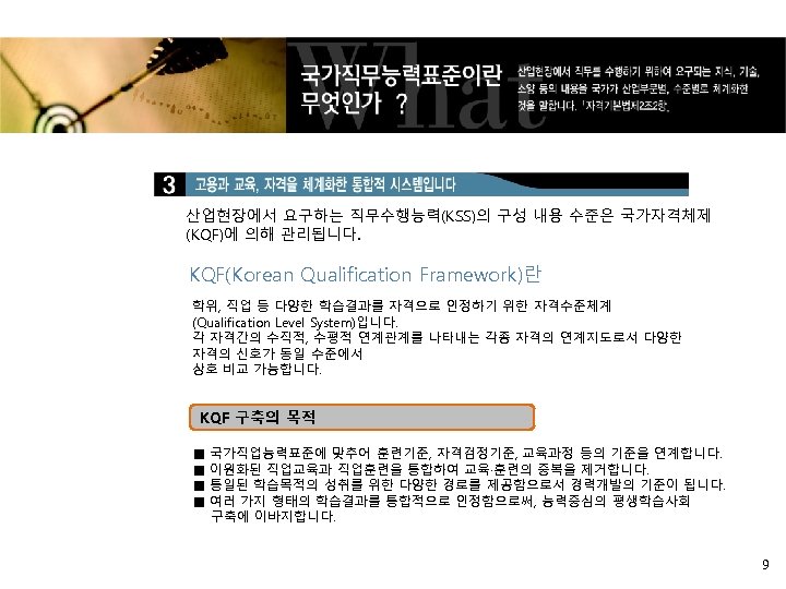 산업현장에서 요구하는 직무수행능력(KSS)의 구성 내용 수준은 국가자격체제 (KQF)에 의해 관리됩니다. KQF(Korean Qualification Framework)란 학위,