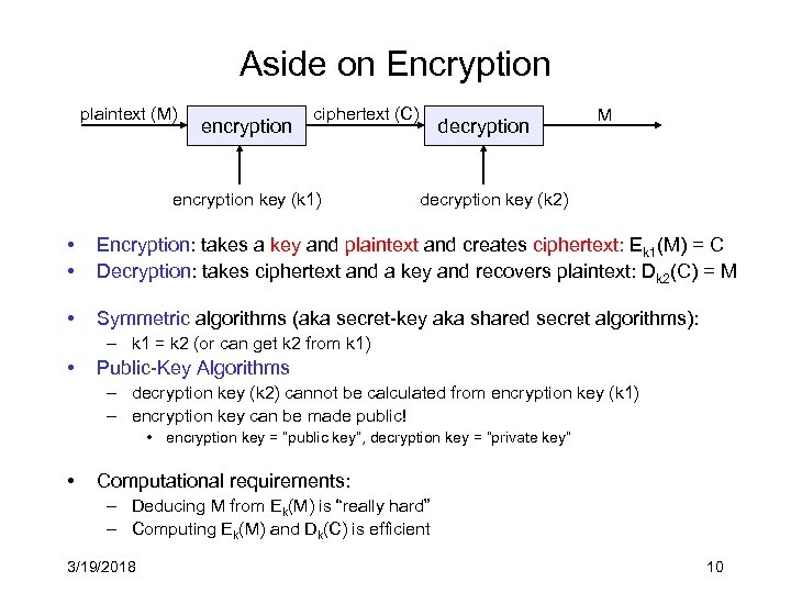 Aside on Encryption plaintext (M) encryption ciphertext (C) encryption key (k 1) decryption M