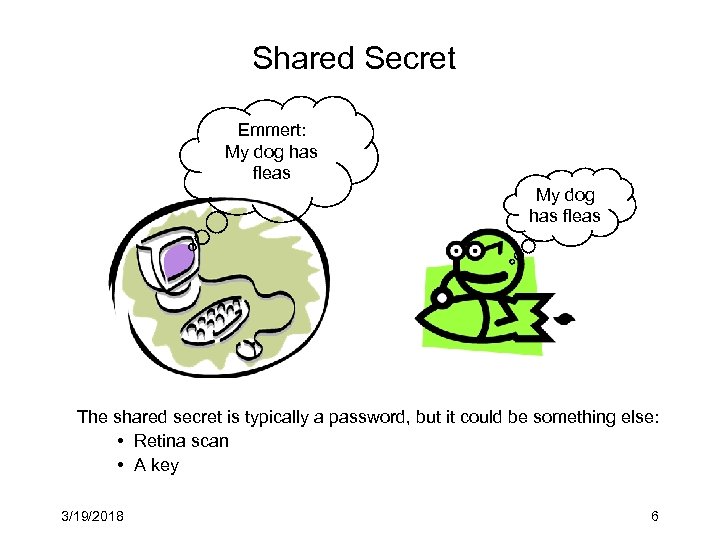 Shared Secret Emmert: My dog has fleas The shared secret is typically a password,