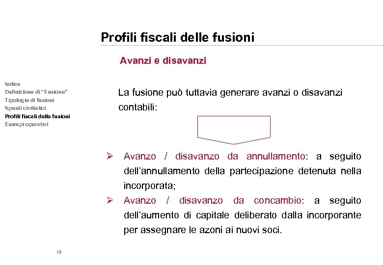 Profili fiscali delle fusioni Avanzi e disavanzi Indice Definizione di “Fusione” Tipologie di fusioni