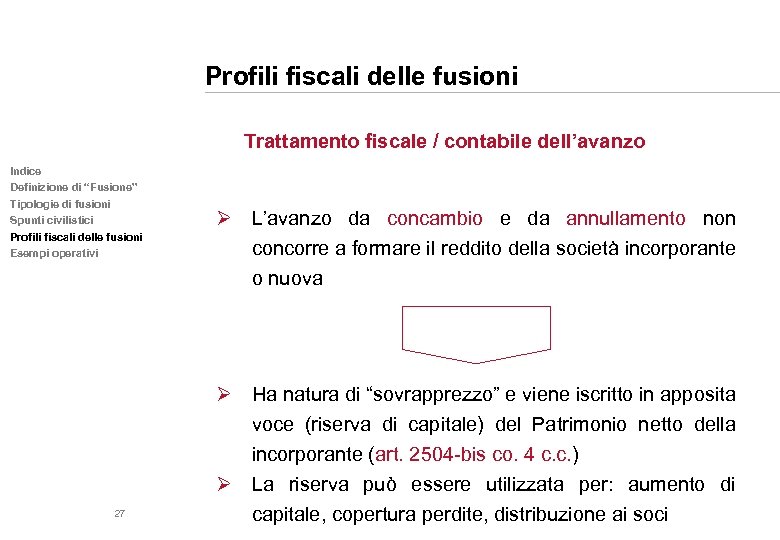 Profili fiscali delle fusioni Trattamento fiscale / contabile dell’avanzo Indice Definizione di “Fusione” Tipologie