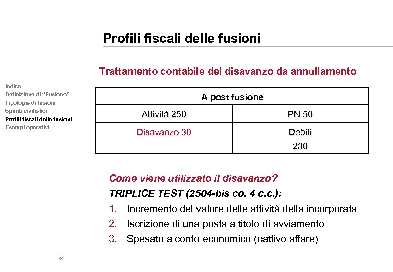 Profili fiscali delle fusioni Trattamento contabile del disavanzo da annullamento Indice Definizione di “Fusione”