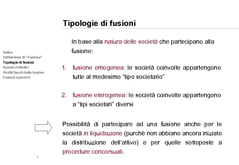 Tipologie di fusioni In base alla natura delle società che partecipano alla fusione: Indice