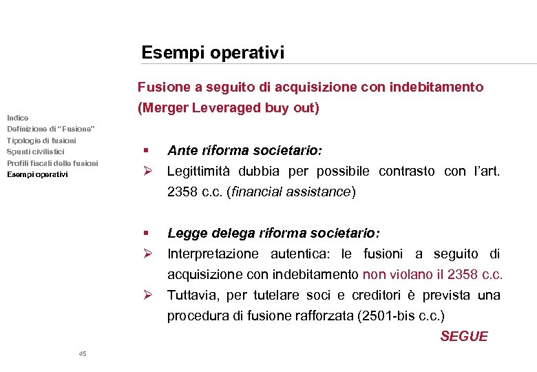 Esempi operativi Fusione a seguito di acquisizione con indebitamento (Merger Leveraged buy out) Indice