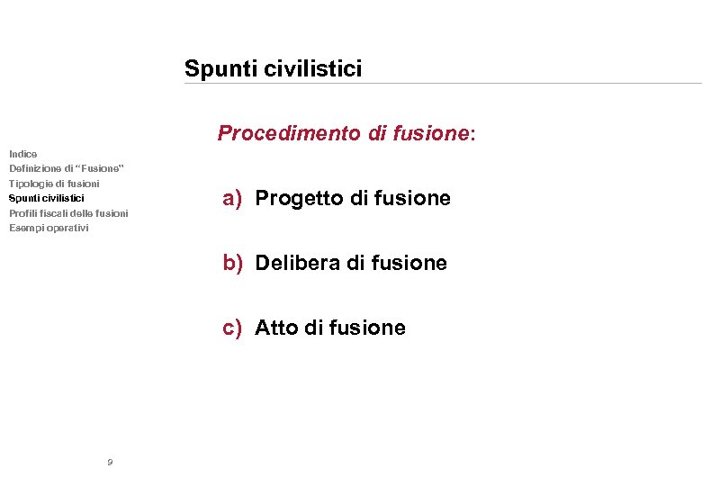 Spunti civilistici Procedimento di fusione: Indice Definizione di “Fusione” Tipologie di fusioni Spunti civilistici