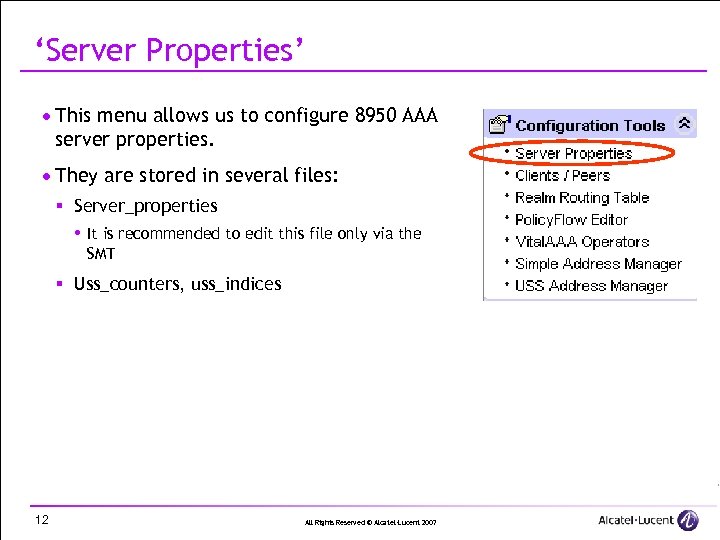 ‘Server Properties’ · This menu allows us to configure 8950 AAA server properties. ·