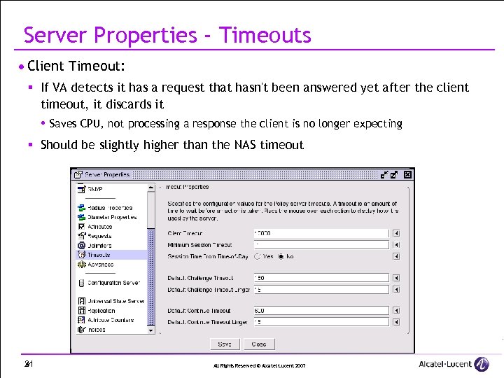 Server Properties - Timeouts · Client Timeout: § If VA detects it has a