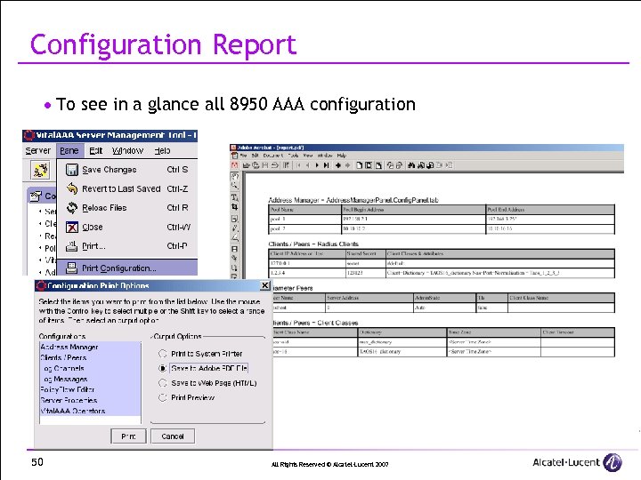 Configuration Report · To see in a glance all 8950 AAA configuration 50 All