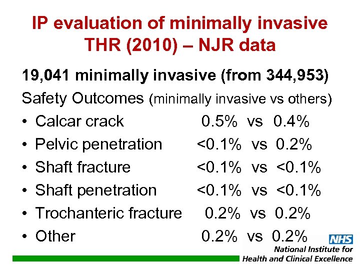 IP evaluation of minimally invasive THR (2010) – NJR data 19, 041 minimally invasive