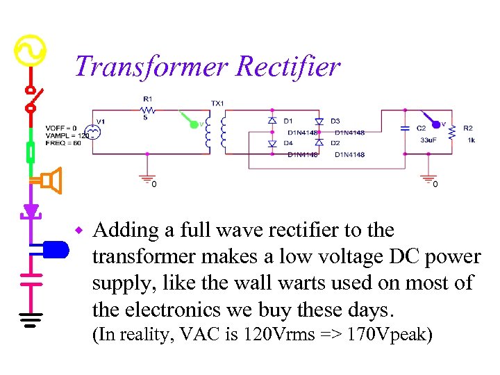 Transformer Rectifier w Adding a full wave rectifier to the transformer makes a low