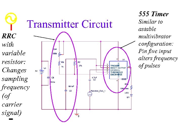 555 Timer Transmitter Circuit RRC with variable resistor: Changes sampling frequency (of carrier signal)