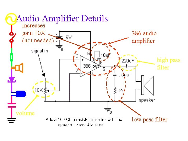 Audio Amplifier Details increases gain 10 X (not needed) 386 audio amplifier high pass