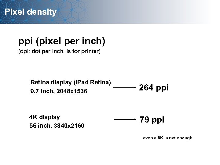 Pixel density ppi (pixel per inch) (dpi: dot per inch, is for printer) Retina