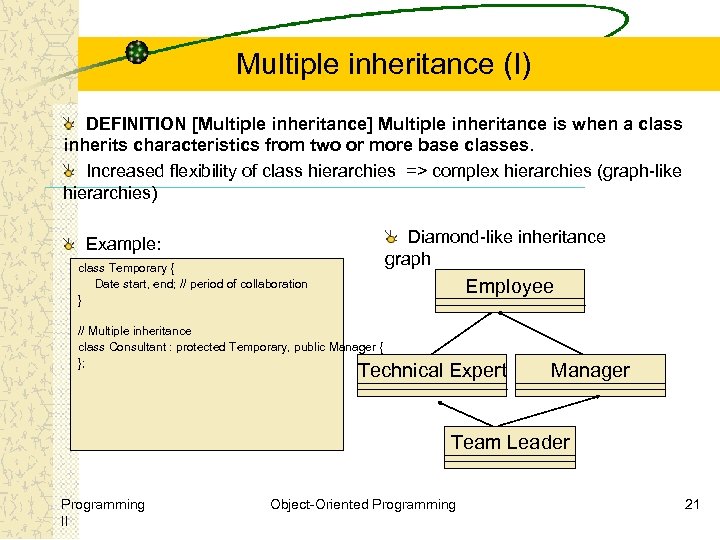 Multiple inheritance (I) DEFINITION [Multiple inheritance] Multiple inheritance is when a class inherits characteristics