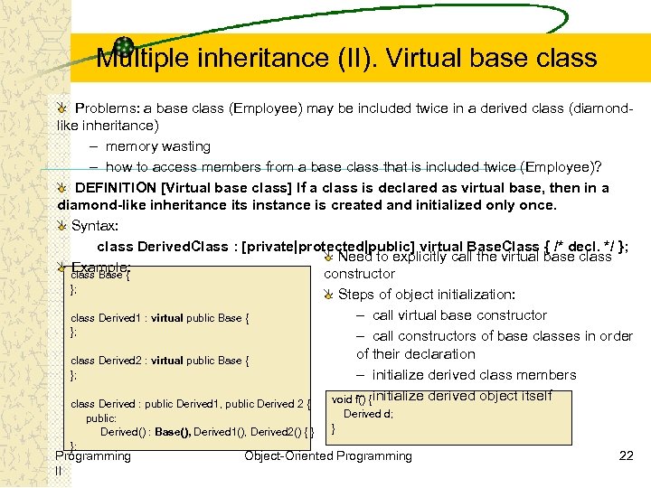 Multiple inheritance (II). Virtual base class Problems: a base class (Employee) may be included