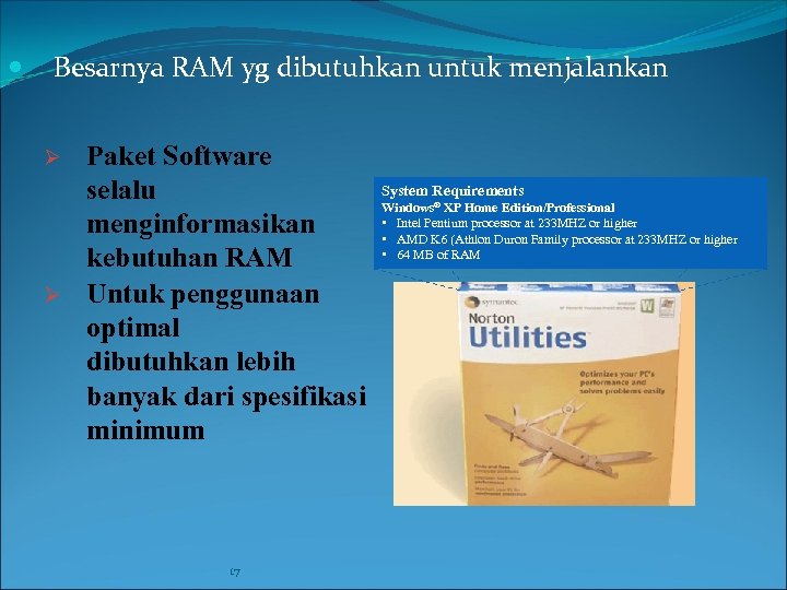  Besarnya RAM yg dibutuhkan untuk menjalankan Ø Ø Paket Software selalu menginformasikan kebutuhan