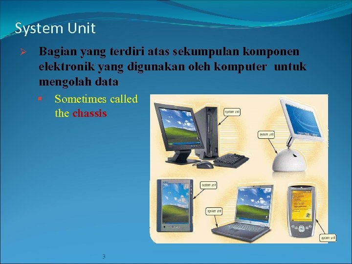 System Unit Ø Bagian yang terdiri atas sekumpulan komponen elektronik yang digunakan oleh komputer