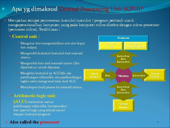 Apa yg dimaksud Central Processing Unit (CPU)? Ø Merupakan tempat pemrosesan instruksi-instruksi / program