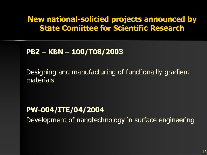 New national-solicied projects announced by State Comiittee for Scientific Research PBZ – KBN –