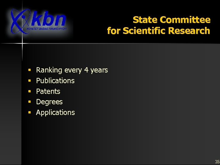 State Committee for Scientific Research § § § Ranking every 4 years Publications Patents