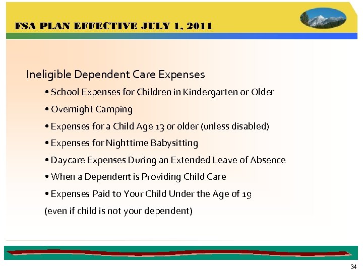 FSA PLAN EFFECTIVE JULY 1, 2011 Ineligible Dependent Care Expenses • School Expenses for