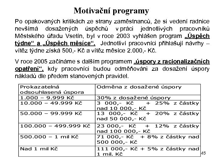 Motivační programy Po opakovaných kritikách ze strany zaměstnanců, že si vedení radnice nevšímá dosažených