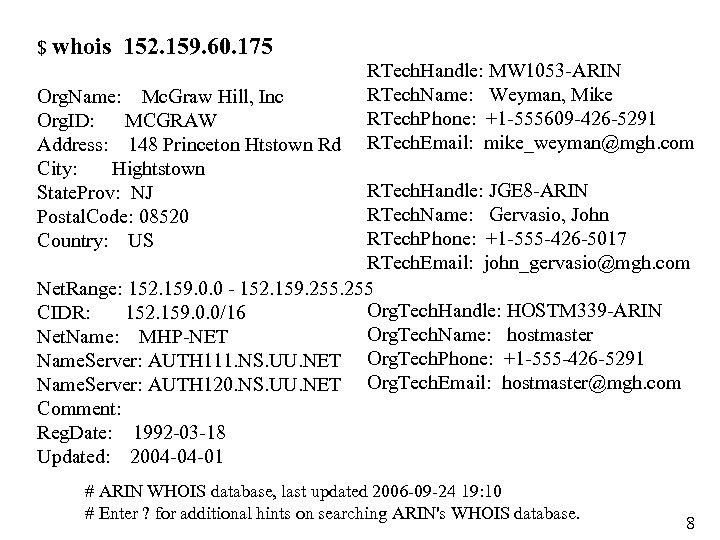 $ whois 152. 159. 60. 175 Org. Name: Mc. Graw Hill, Inc Org. ID: