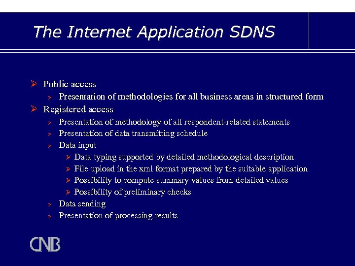 The Internet Application SDNS Ø Public access Ø Presentation of methodologies for all business
